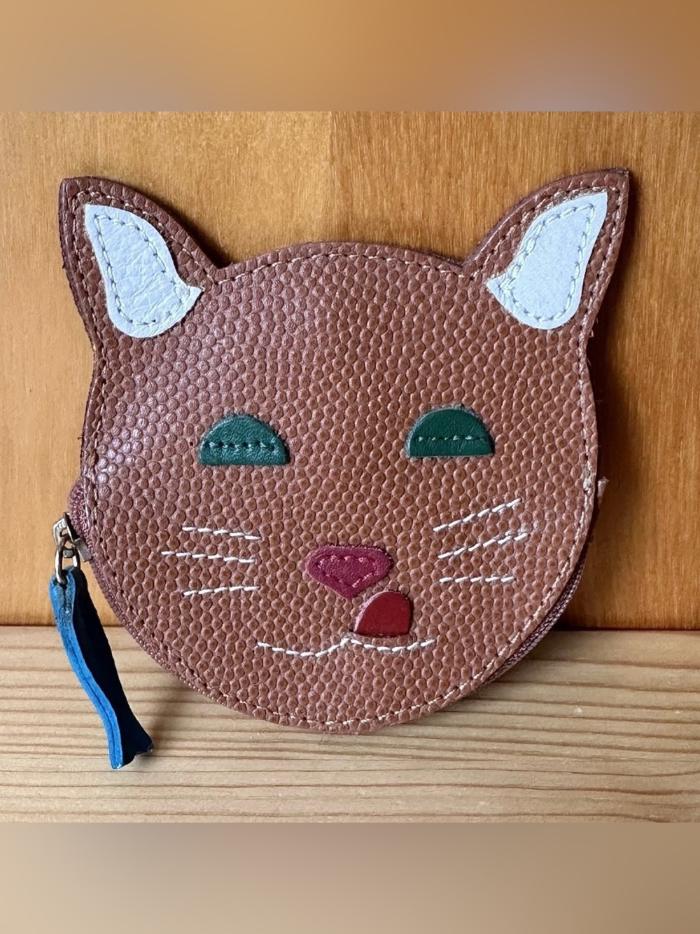 JP Ourse & Cie Brown Genuine Pebbled Leather Bottom Fish Zip Pull Cat Coin Purse